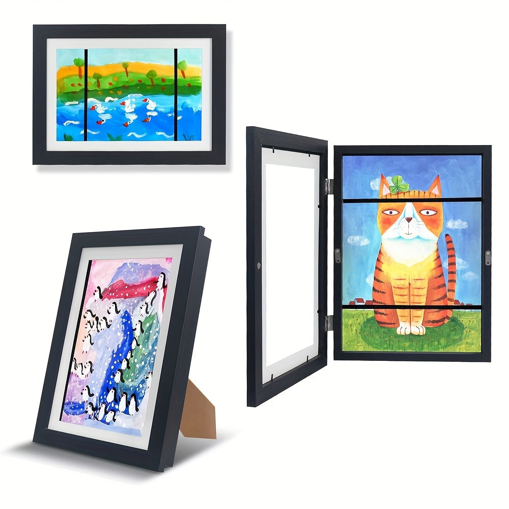 Black gallery frame for artwork, can be displayed vertically with easel back or hung on wall.