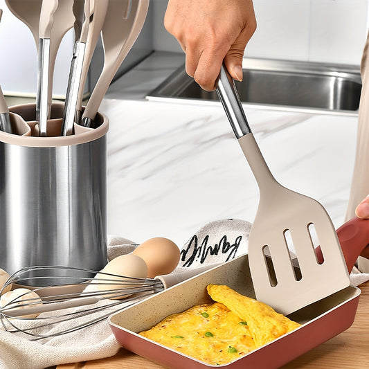 Silicone Kitchen Utensil Set - 9 Pieces with Stainless Steel Handles, Non-Stick Cooking Tools Including Spatula, Shovel, Spoon, and Storage Bucket. Perfect for Holiday Gifts, Kitchenware, and Cooking.