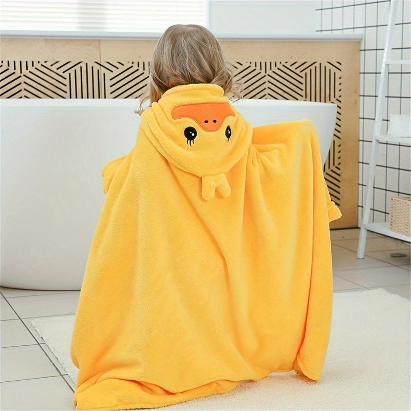 One piece baby hooded bath towel featuring an ultra soft and highly absorbent cartoon duck pattern. Perfect for babies, toddlers, infants, and newborns. Makes a great gift for boys and girls. Size: 27.5 x 55 inches.