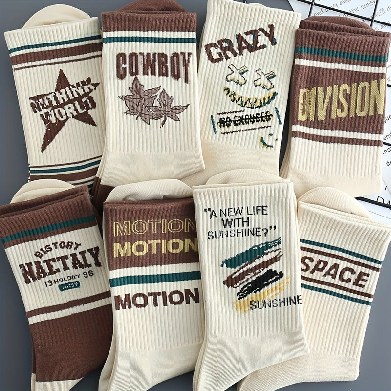 5-pack men's socks with vintage American style, comfortable and breathable. Made of a cotton blend with polyester and spandex. Hand wash only. Features a letter pattern, knit fabric, and