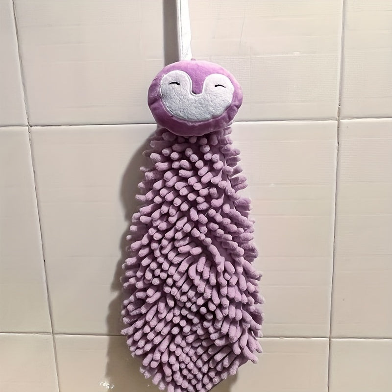 Chenille hanging towel with quick-dry, cute cartoon design and loop for bathroom.