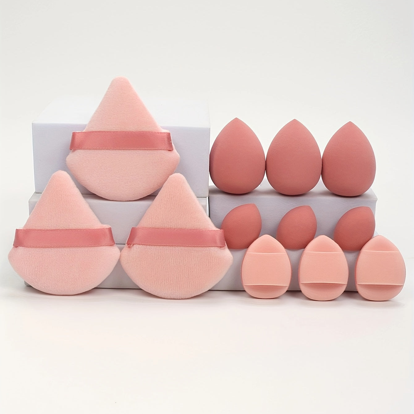 12-piece makeup sponge set includes foundation blending beauty sponge suitable for liquid, cream, and powder makeup, made of super soft velvet with shaping, eye, and corner design. Set also