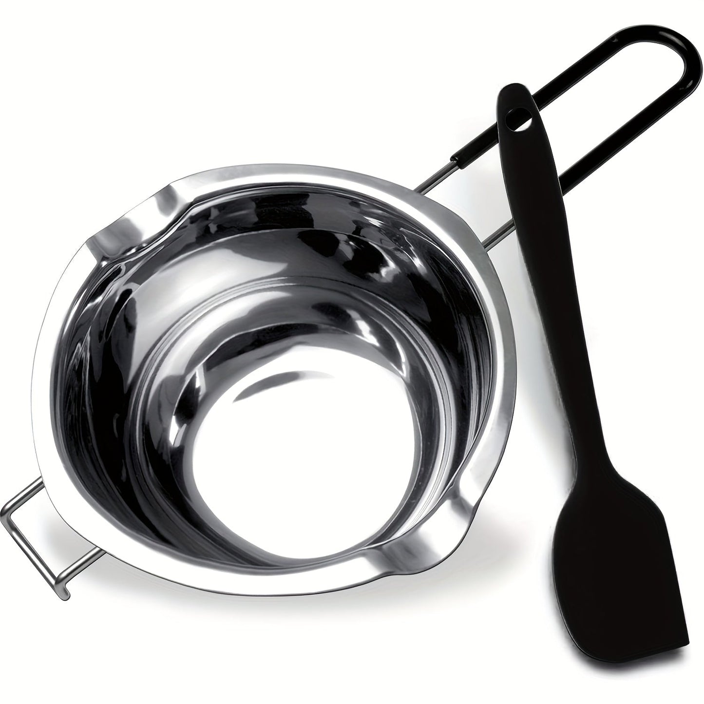 This stainless steel double-layer melting pot set includes two pots with capacities of 600ml and 1600ml. It comes with a silicone spoon and is perfect for melting chocolate, soap, beeswax, and making candles.