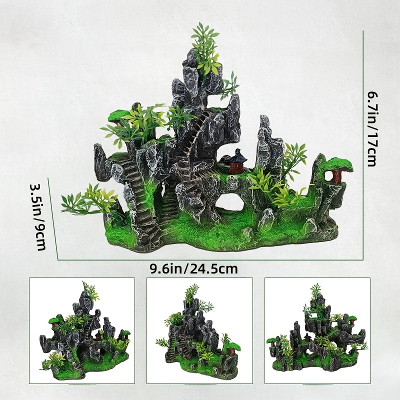 Resin rockery mountain design aquarium decoration with miniature plants and hardscape for fish tank landscape.