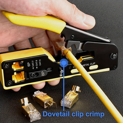 Yellow Ratcheting Modular Data Cable Crimper with Wire Stripper, Cutter, and Non-slip Grip for RJ11/RJ12 & RJ45 Connectors.