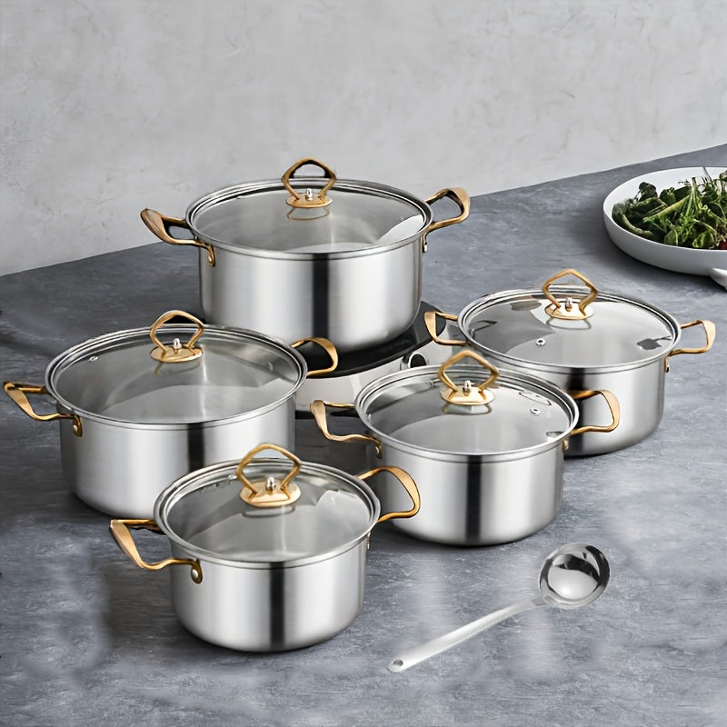 Stainless Steel Cookware Set includes 11 pieces with Heat-resistant Handles and Tempered Glass Lids - Ideal for Cooking a Variety of Meals such as Soups, Milk, and Porridge - Perfect for Healthy Cooking of Soups, Pasta, and Seafood at Home or in