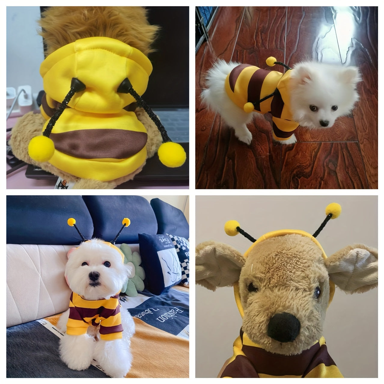 Bee costume hoodie for small to medium pets, suitable for cats and dogs under 8kg. Made from 100% polyester with a cute bee design.