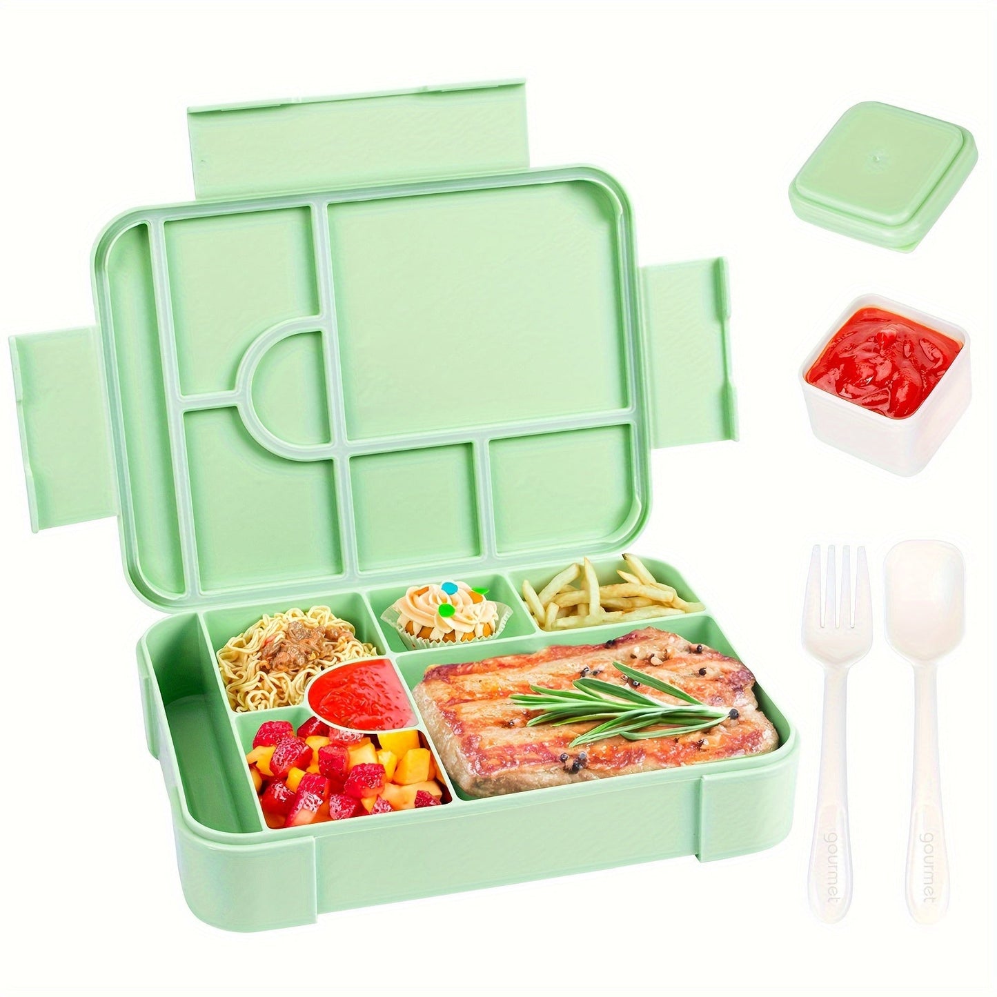 Leak-proof Bento Lunch Box with 7 Compartments - Perfect for Students and Adults on the Go! Includes Food Container, Cutlery Set, and Holds 1330ml. Suitable for School, Office, Outings, Microwave, and Dishwasher Safe.