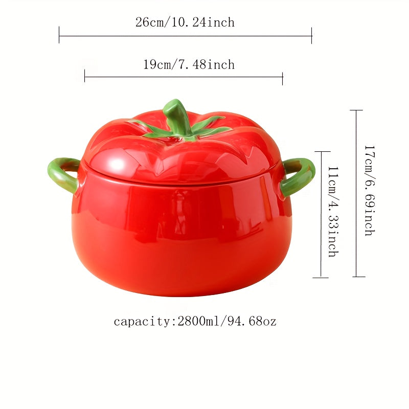 Large soup and salad bowl made of ceramic in the shape of a tomato, comes with a lid. Dishwasher safe and perfect for use in kitchens and restaurants. Makes for a unique gift idea.