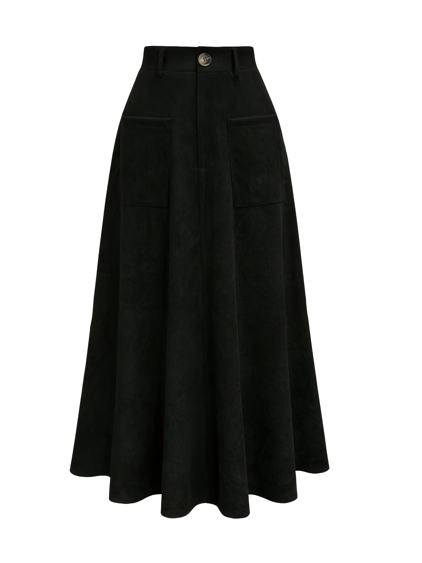 Brown corduroy midi skirt with pockets for women, high-waist A-line style, machine washable, chic and versatile.