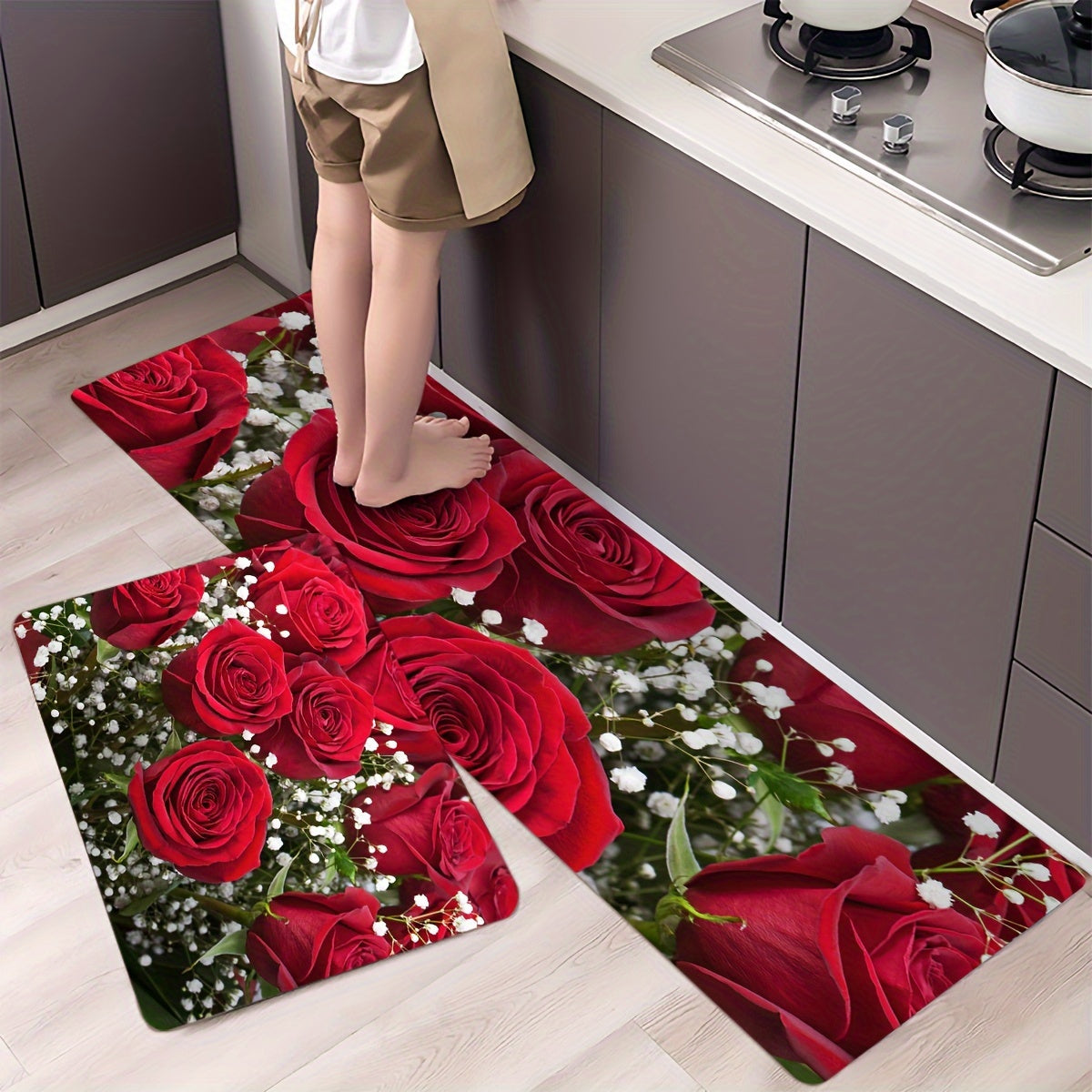 Soft premium rose flower kitchen mat made of anti-fatigue polyester, suitable for entryway, bedroom, living room, and more. Easy to clean as it is machine washable, perfect for home decor, balcony door carpet, and sink area.