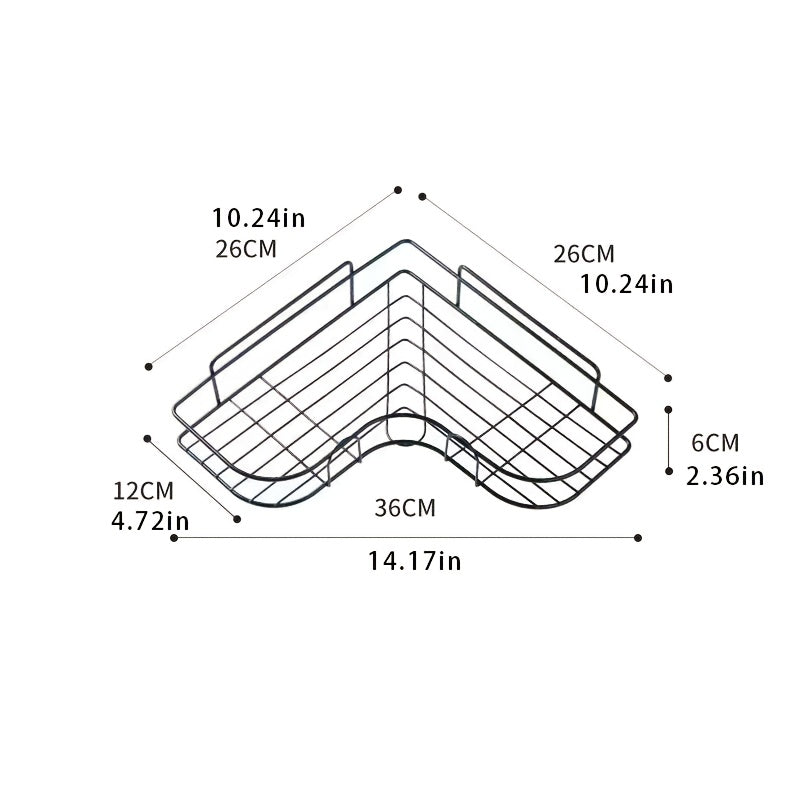 Wall-mounted bathroom organizer for shampoo, conditioner, and lotion, the 1pc Durable No-Drill Corner Shower Caddy is a water-resistant, easy-to-install, space-efficient toilet accessory shelf.