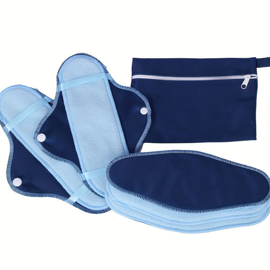 8 reusable blue polar fleece menstrual pads for daily use, waterproof and washable. Suitable for periods and as a panty liner.