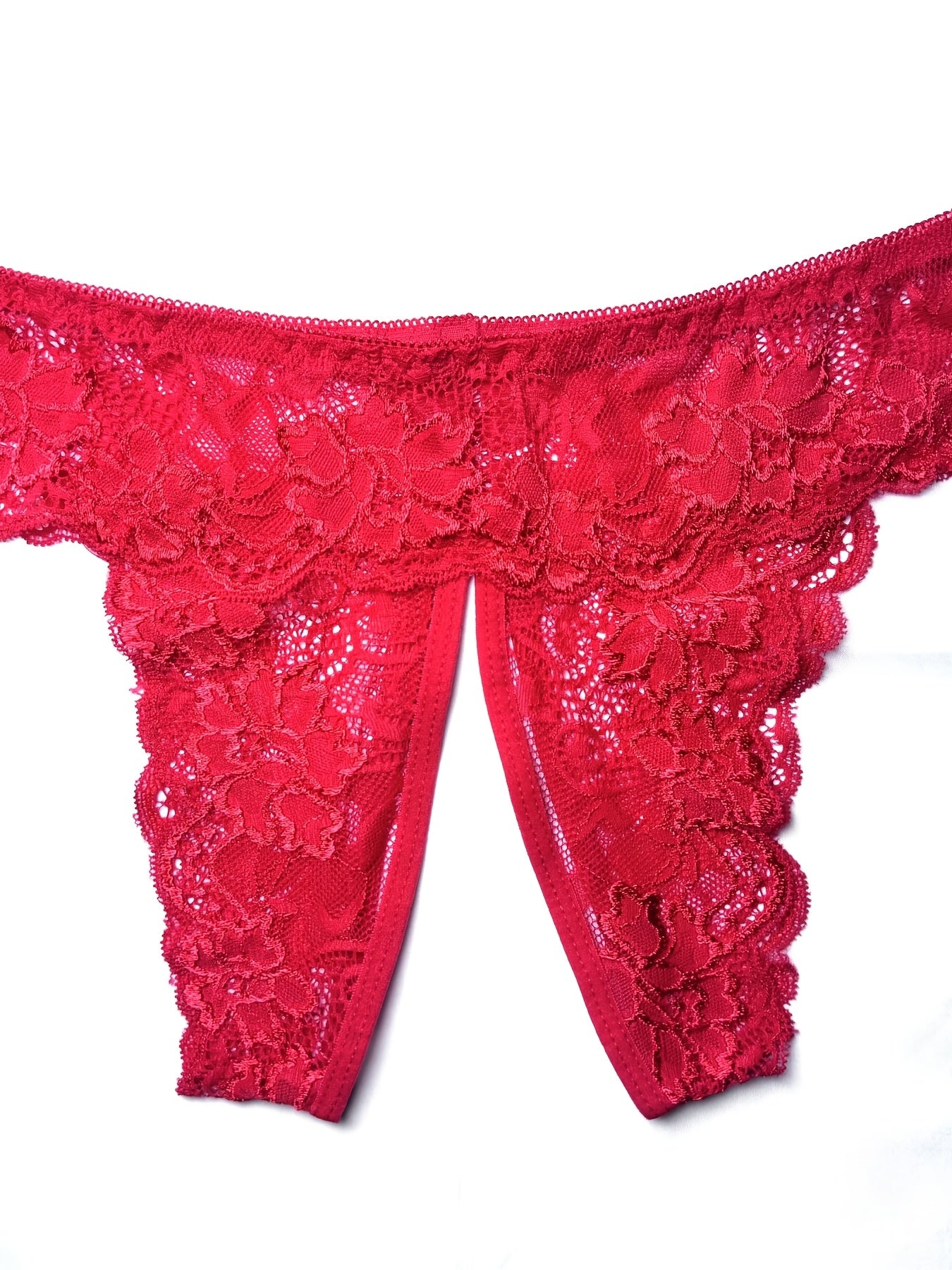 Women's lace trim triangle lingerie and sexy mesh open crotch panties.