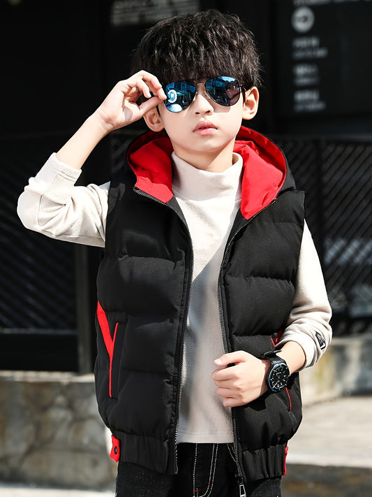 Boys' warm zip-up hooded vest with pockets, cozy color block top for fall and winter.