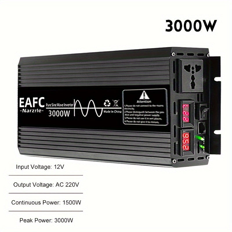 Car power inverter converts DC 12V to AC 220V without battery, with peak power options of 4000W, 3000W, and 2000W in pure sine wave.