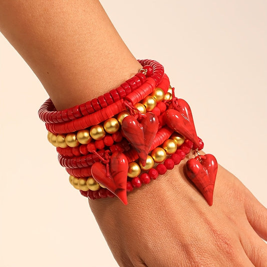 An exquisite handmade beaded heart pendant bracelet in rich red hues, boasting a Bohemian flair - the ultimate accessory for women looking to elevate their Valentine's Day ensemble with a touch of boho charm. Versatile enough for both casual and special