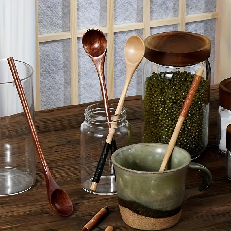 Creative long handle Japanese-style honey stirring spoon with twisted round handle, made from small wooden spoon.