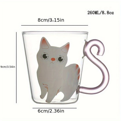 8.8oz Cute Cat Glass Mug made of high borosilicate glass, heat & cold resistant, reusable with animal print design for all beverages - handwash only.