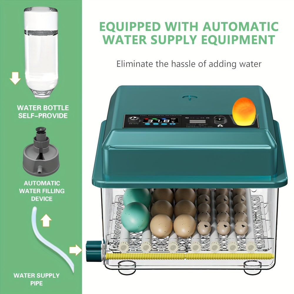 16-egg automatic incubator with auto turn, humidity control, adjustable spacing, pulse heat, cold light turning, Celsius display. Ideal for various eggs including duck, pigeon, bird, quail