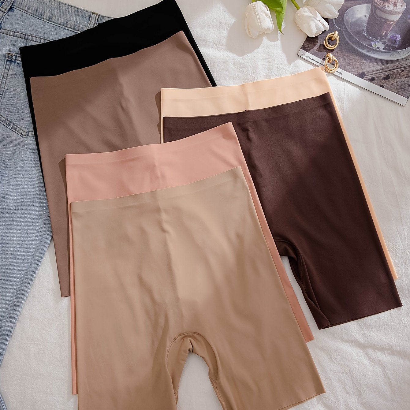 6-pack of high-waisted, flat-leg safety pants for women with traceless design, anti-slip technology, and butt-lifting and abdomen-tightening features.