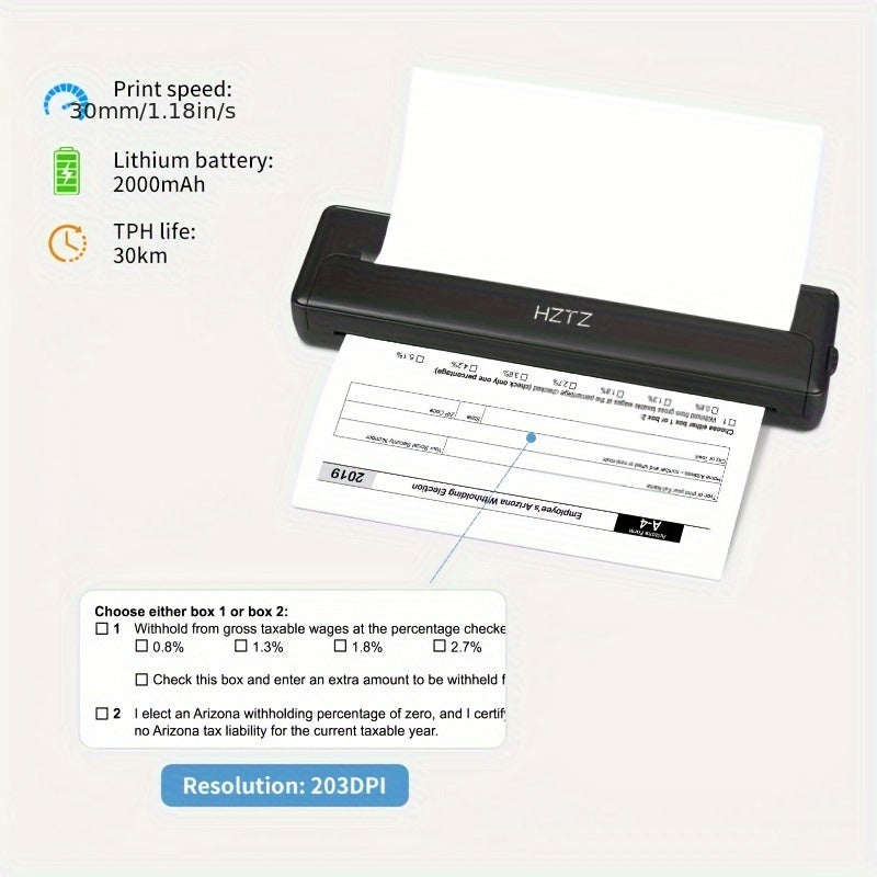 HZTZ A4 Portable Thermal Printer with wireless and USB connectivity, inkless monochrome output, supports various file types, high-definition printing, 2000mAh rechargeable battery