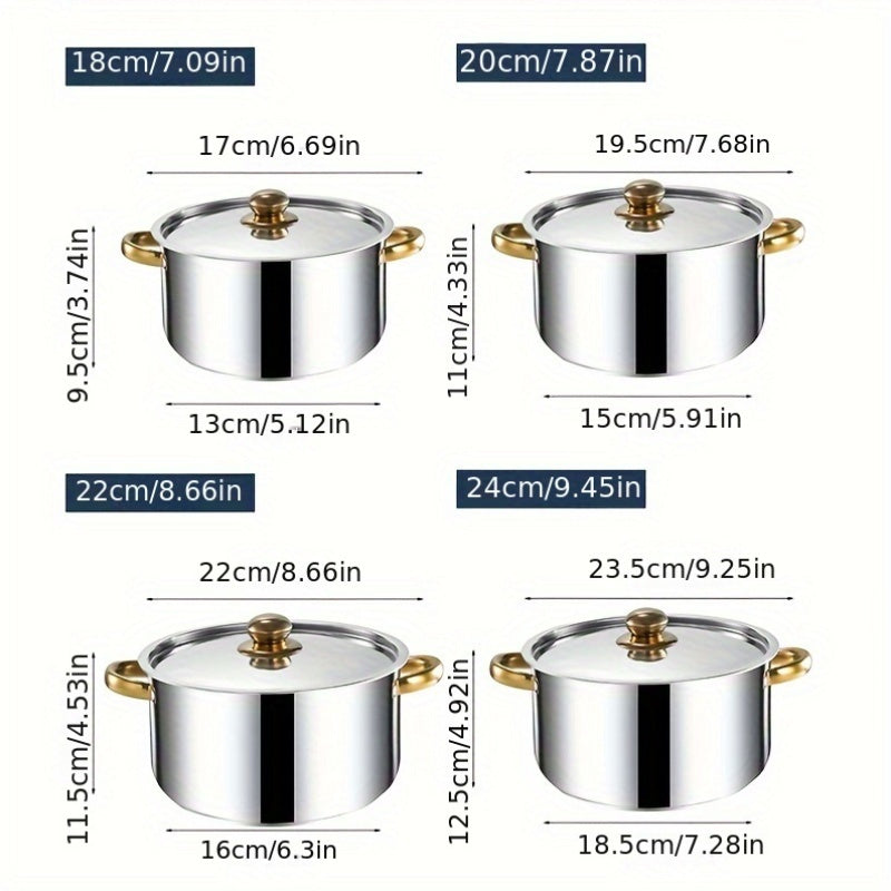 4 ta qozon to'plami qopqoq bilan zanglamas po'latdan - 18 sm, 20 sm, 22 sm va 24 sm diametrlarni o'z ichiga oladi