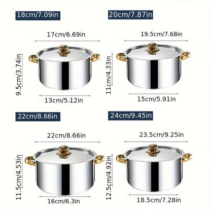 4 ta qozon to'plami qopqoq bilan zanglamas po'latdan - 18 sm, 20 sm, 22 sm va 24 sm diametrlarni o'z ichiga oladi