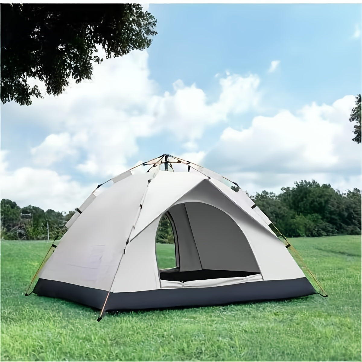 4-person pop-up tent with fiberglass poles, square Oxford cloth, 3-second setup, waterproof zipper closure, ideal for hiking, travel, and beach.