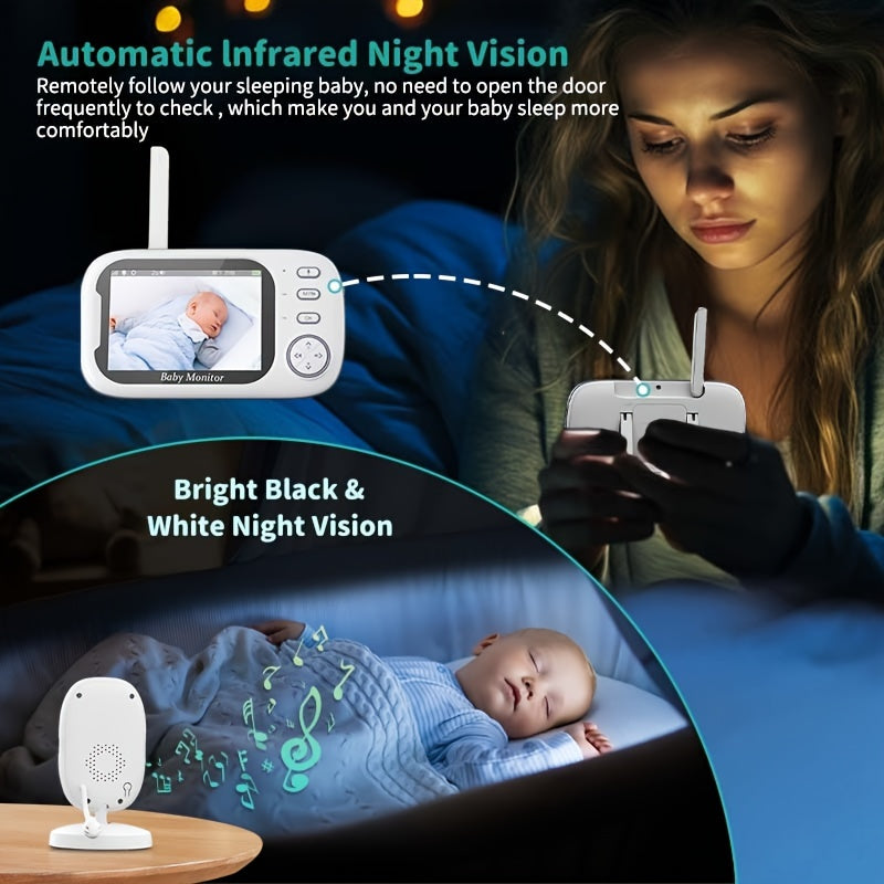 Camera with 720P resolution, featuring an 8.89 cm LCD screen, with wireless transmission video monitor range of 274.32 meters. Includes auto night vision, 2-way audio calling, temperature sensor, and 8 lullaby songs. Also comes equipped with an editor