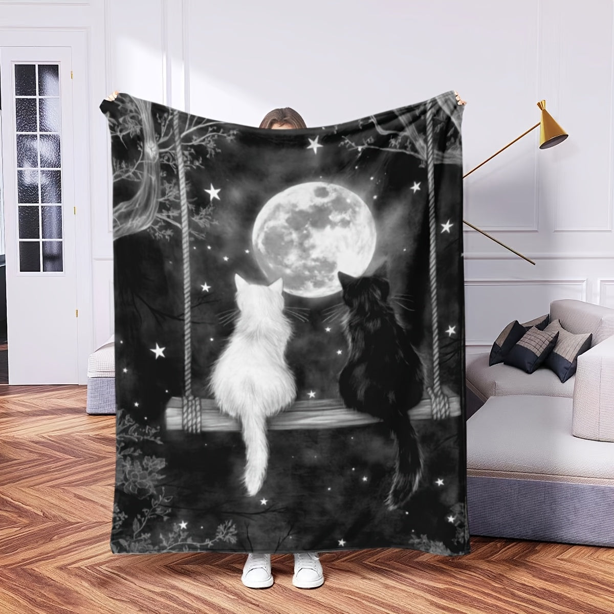 A warm and stylish Black & White Cat Couple Throw Blanket - Luxuriously Soft Velvet, Stain-Resistant, Ideal for Year-Round Comfort on the Couch, Bed, Office, and on the Go - The Perfect Gift for Those You Cherish