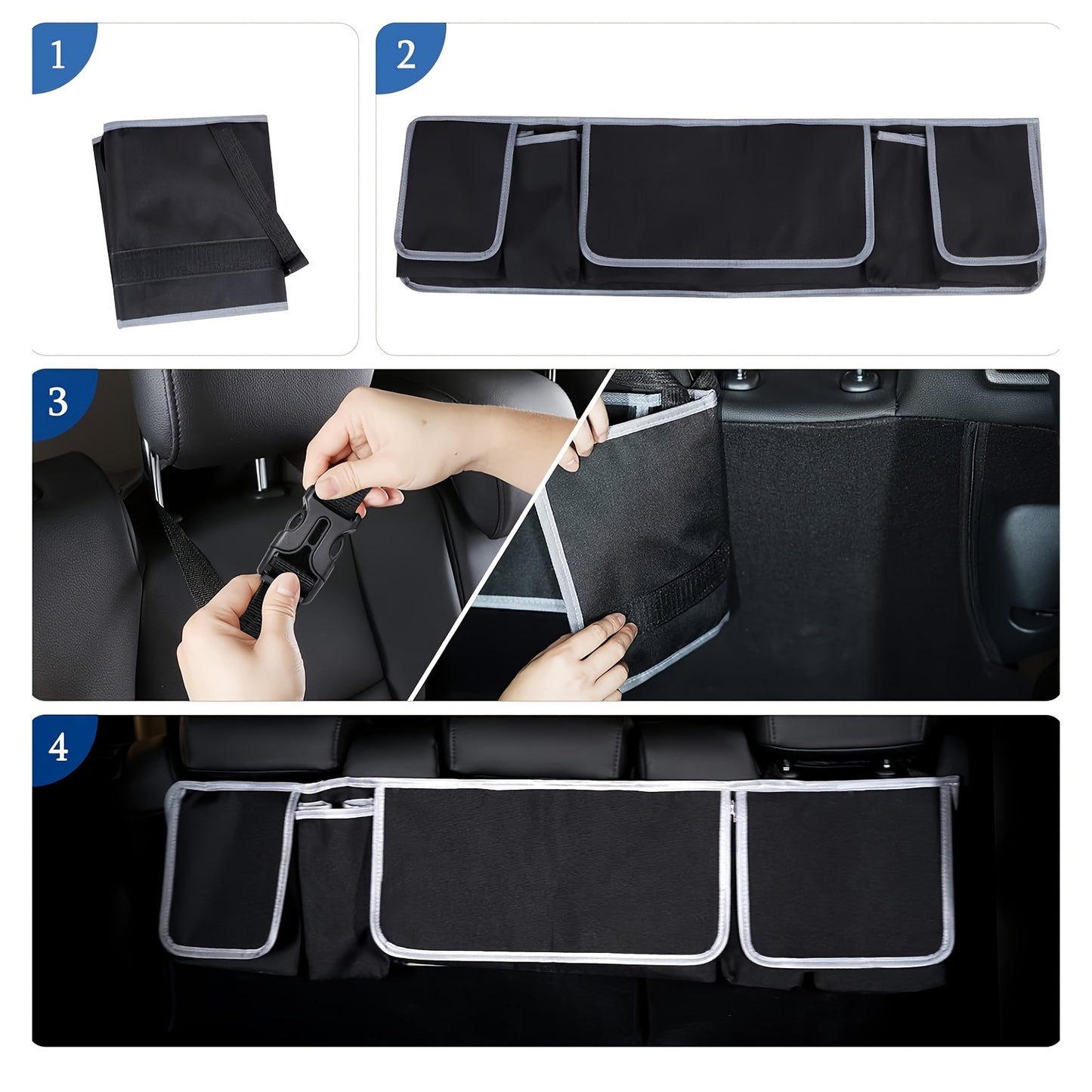 Car seat back organizer with large capacity, multiple pockets, polyester fiber material, vehicle storage solution.