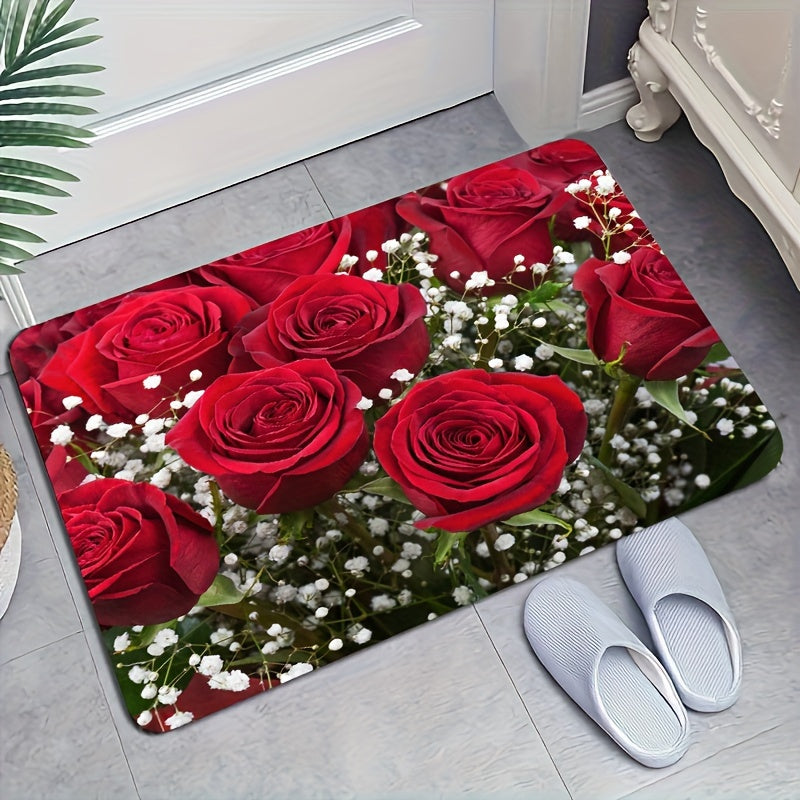 Soft premium rose flower kitchen mat made of anti-fatigue polyester, suitable for entryway, bedroom, living room, and more. Easy to clean as it is machine washable, perfect for home decor, balcony door carpet, and sink area.