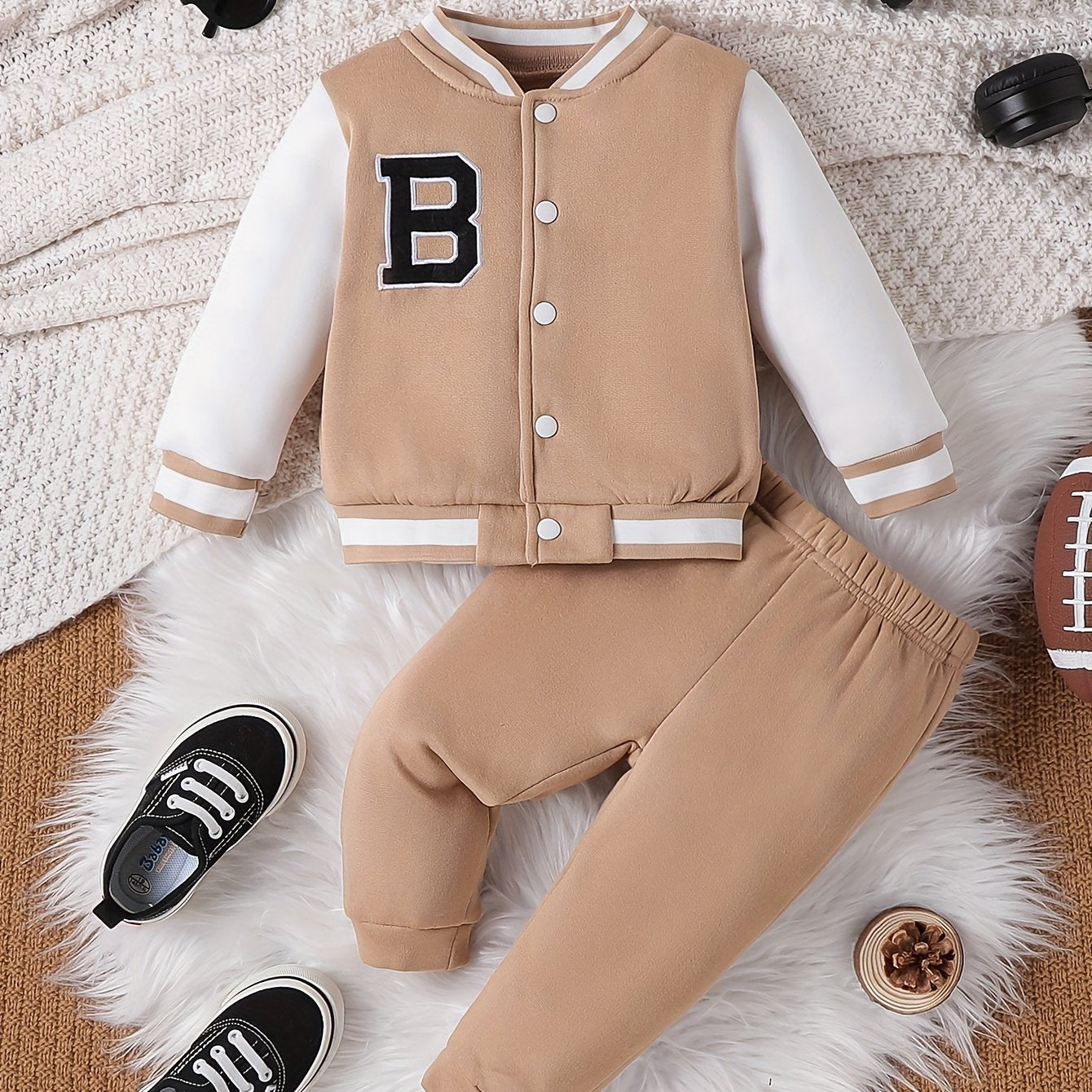 Baby boys' baseball jersey set with letter pattern, including coat top and pants for winter/fall outdoor wear.