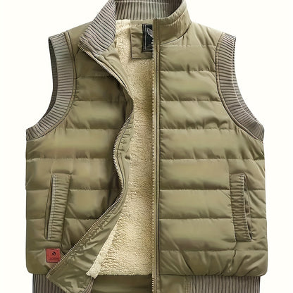 Men's Winter Vest - Olive Green, Zipper, Fleece-Lined, Ribbed Collar & Cuffs