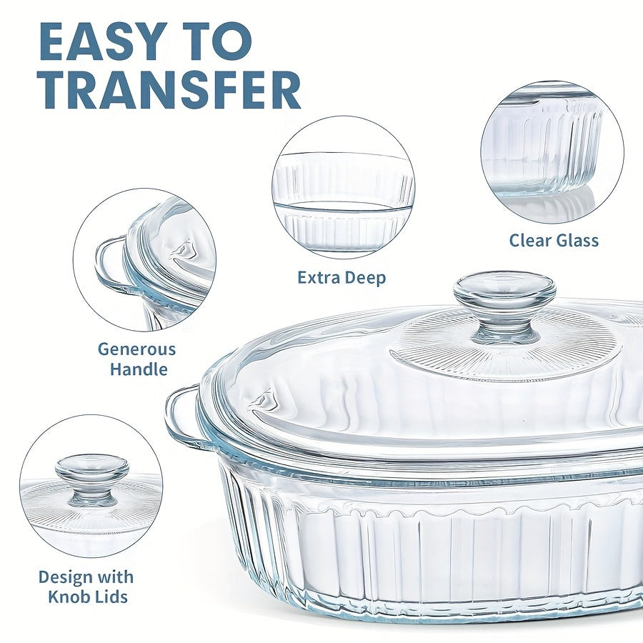 Oval clear glass casserole dish with lid and handles, versatile for microwave, oven, and dishwasher use - ideal for preparing fish, salads, and pasta.