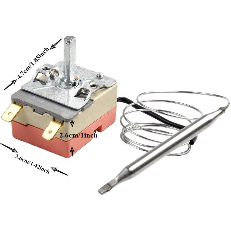 Temperature controller knob can be adjusted, equipped with a capillary thermostat switch and a range of 50-300°C. Made from safe materials that are suitable for non-food contact. Ideal for use in deep fryers, ovens, and water heaters.