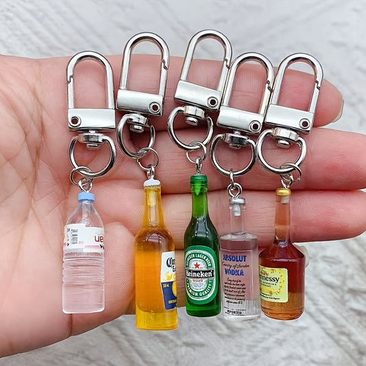 Set of 5 Miniature Beverage Bottle Keychain Set, Made of Resin & Alloy, Ideal for Keys, Phones, Bags, Great for Parties and Unique Gifts