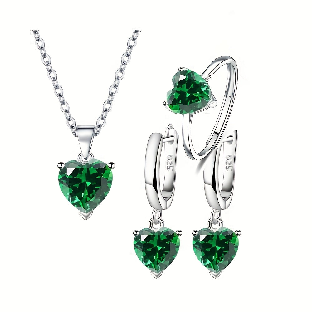 925 Sterling Silver Romantic Heart Zirconia Jewelry Set - Elegant and Sexy Anniversary or Valentine's Day Gift with Necklace, Ring, and Earrings