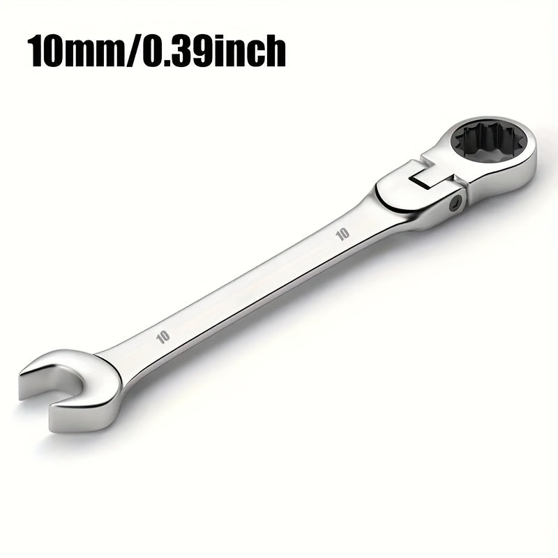 Adjustable ratchet wrench with metric sizes for home, auto, and bike repairs, made of chrome vanadium steel with 73-tooth design.