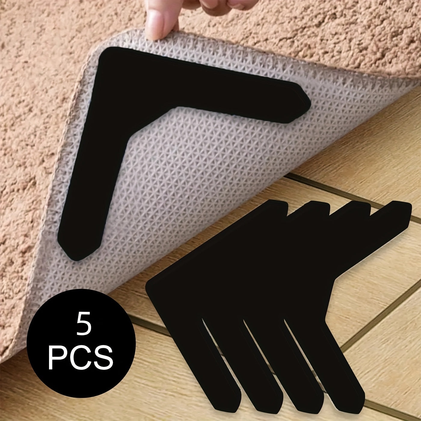 Five pieces of high-quality anti-slip and anti-drill carpet stickers, perfect for securing living room, dining room, and bathroom carpets to prevent slipping and rolling.