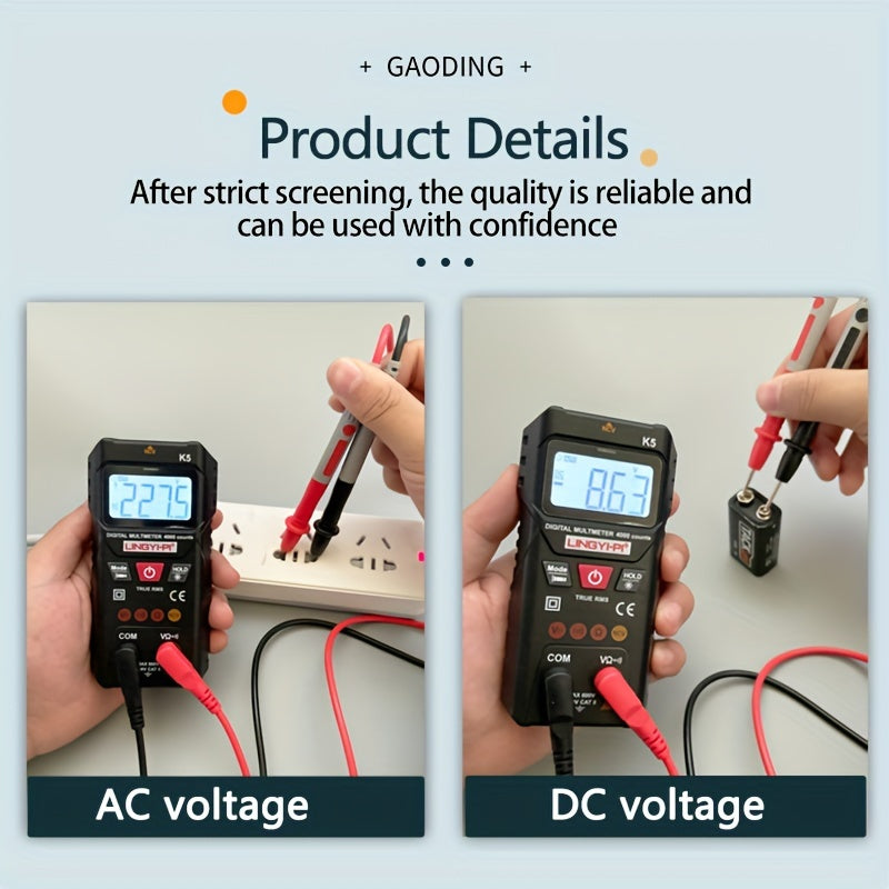 4000V digital multimeter with automatic/manual modes for AC/DC voltage and resistance testing. Made of plastic, battery powered (batteries not included). High precision of 0.1, suitable for