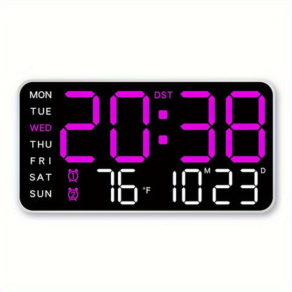 Voice controlled LED wall clock with dual alarms, USB powered, temperature display, adjustable brightness, and sleek black design for home and office.