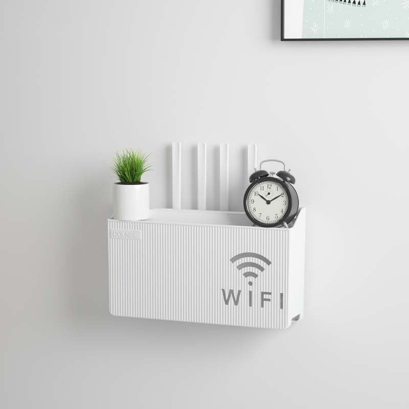 Wireless router holder with easy-install wall mount, polished finish, and utility hooks for home and office organization.