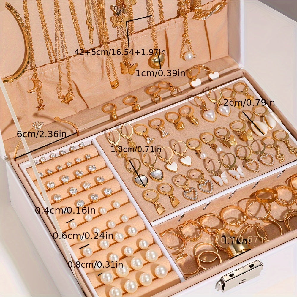 This stunning 115-piece jewelry set for women exudes vintage luxury with elegant zirconia, heart, and butterfly pendants. The set includes necklaces, bracelets, earrings, and rings, perfect for both casual attire and parties. Ideal as a Valentine's gift