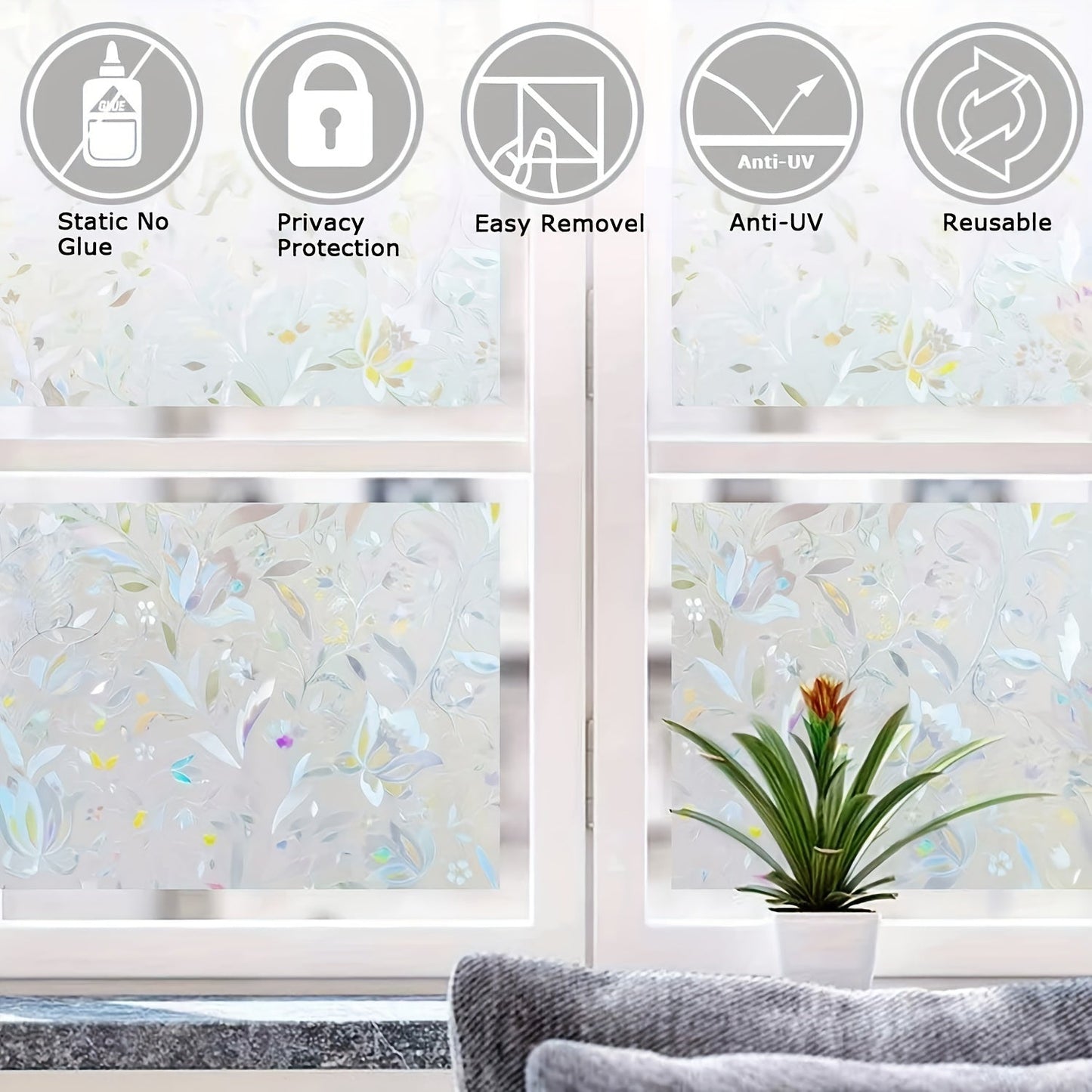 Electrostatic Non-Adhesive Glass Window Film with Tulip Pattern, Window Sticker for Home Decoration in Bedroom and Living Room.