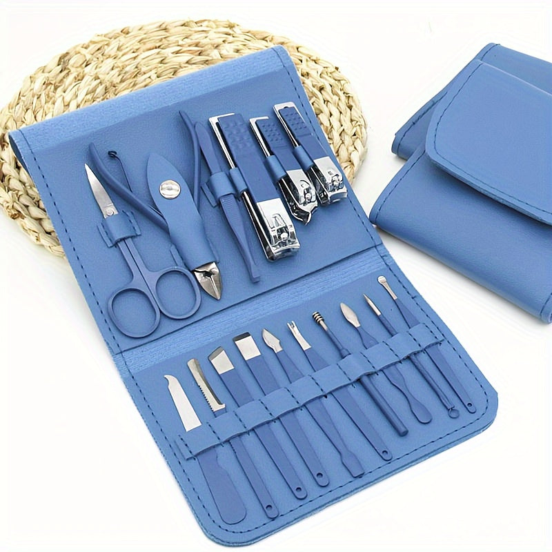 Set of 4, 8, 12, or 16 stainless steel household tools in a folding bag for manicures and pedicures.