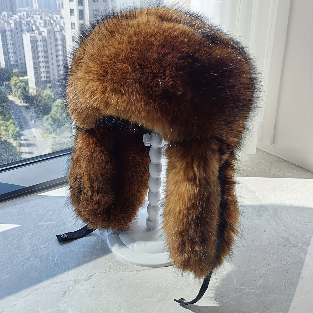 Luxurious Men's faux fur trapper hat with bomber style, fluffy fur trim, Russian ushanka design. Handwash/dry clean, polyester lining for winter comfort.