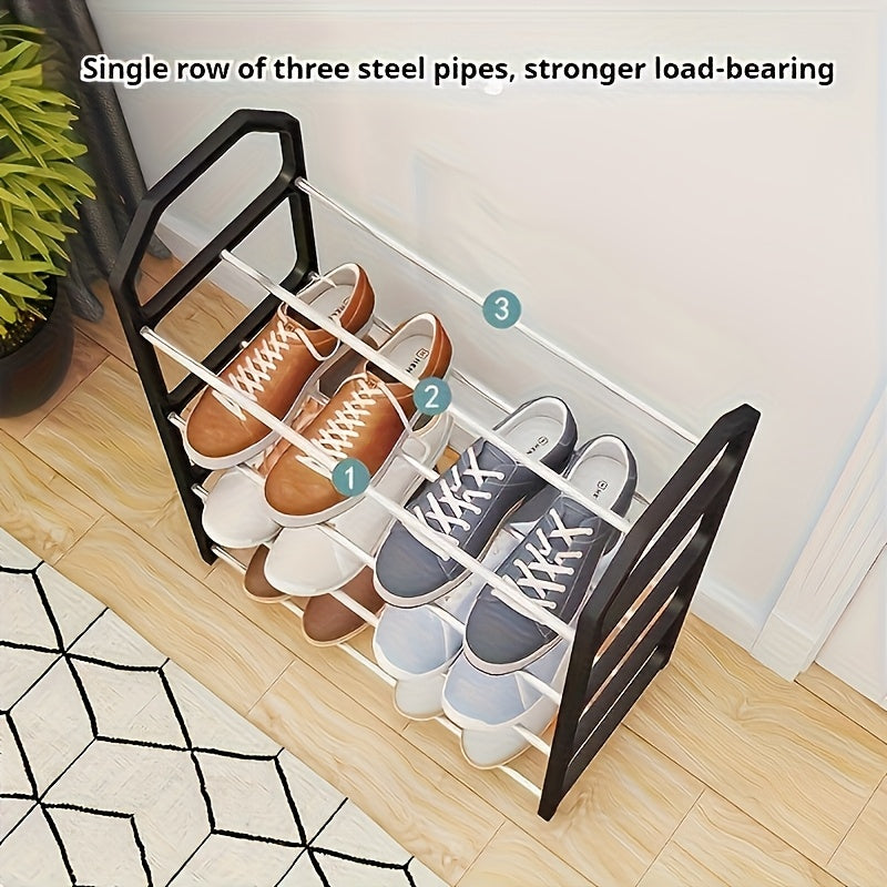 A stackable shoe rack with 4 tiers perfect for organizing shoes in dorms, bedrooms, entryways, hallways, and closets.