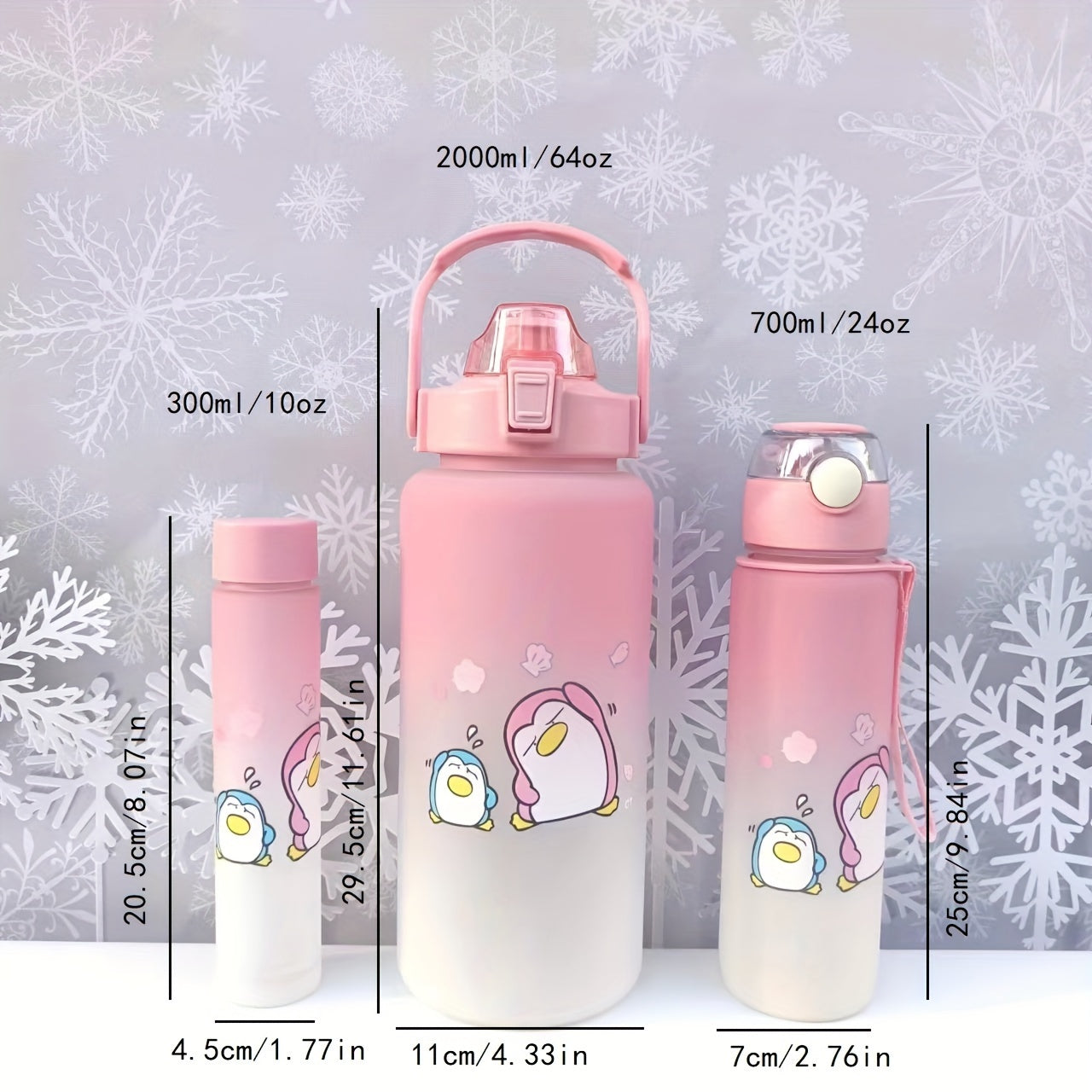 Cartoon animals sports water bottles in various sizes for outdoor activities and birthdays.